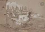 Terrasse arborée, vis-à-vis Sainte-Anastasie-sur-le-Palatin, Rome by Nicolas Delobel, Plume et encre brune, rehauts de gouache blanche, lavis bistre sur papier anciennement ble, sold Jun 2021