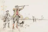 Scène de chasse en plaine by Louis de Lajarrige, Encre et aquarelle sur papier signée en bas à gauche et encadré Dim, sold Mar 2015