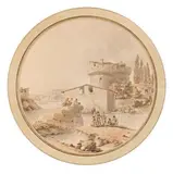 Soldats au bord d'une rivière près d'une tour by Victor-Jean Nicolle, Plume et encre brune et grise, lavis gris et brun, aquarelle, sold Dec 2014