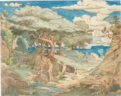 Landschaft mit Maria Magdalena und Jesus (Noli me tangere). 1869 (?) by Albert Venus, Aquarell und Feder in Braun auf Papier, sold Dec 2021