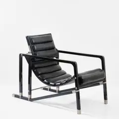 Armlehnsessel 'Transat' by Eileen Gray, 1927, Buchenholz, schwarz lackiert, schwarzes Leder, Metallrohr, vernickelt, Metallmanschetten (Ecart International, Paris, na, sold Jun 2026