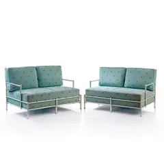 Zwei Zweiersofas 'Ambassador' by Warren McArthur, um 1930, Aluminiumrohr, Aluminiumblech, Textilbezug, hellblau (ClassiCon, München, um 1990), sold Jun 2026
