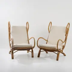 Zwei Sessel 'Continuum - BP16' by Gio Ponti, um 1963, Bambusrohr, Rattangeflecht, cremeweißer Textilstoff (Pierantonio Bonacina, Como), sold Jun 2026