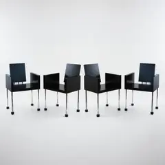 Vier Armlehnstühle 'Miss, don't you like Caviar?' by Ettore Sottsass, 1987, Metallrohr, verchromt, Holz, schwarz lackiert (Renzo Brugola für Galerie Blum Helman, New York), sold Jun 2026
