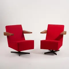 Zwei Armlehnsessel 'UNESCO' - 'Press Room Chair' by Gerrit Rietveld, 1958, Nussbaum, gebeizt, Metallrohr, Metallblech, schwarz lackiert, Textilbezug, rot, Leder, braun (Spectrum, Eindhoven, 2014), sold Jun 2026