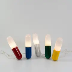 Fünf Bodenleuchten 'Pillola' by Cesare Casati and Emanuele Ponzio, 1968, ABS-Kunststoff und Acryl, grün, blau, gelb, dunkelrot und weiß (Nai Ponteur, Bergamo), sold Jun 2026