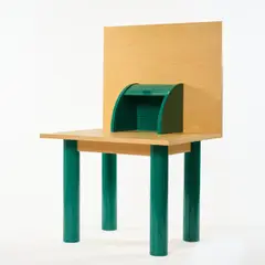 Schreibtisch 'Ritz' by Shiro Kuramata, 1981, Spanholz, Schichtholz, Birkenholzfurnier, teilweise grün lackiert, Metallrohr, grün lackiert (Memphis, Mailand), sold Jun 2026