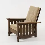 Armlehnsessel 'Morris Chair' - '369', 1906-12 by Gustav Stickley, Eichenholz, heller Leinenbezug (Leopold & John George Stickley, Fayetteville, NY, 1912-20), sold Dec 2025