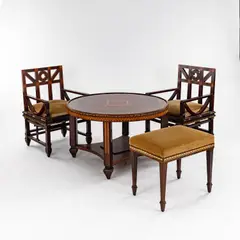 Vierteilige Einrichtung aus dem Empfangszimmer auf der Dritten Deutschen Kunstgewerbeausstellung, Dresden by Peter Behrens, 1905, 65 cm, Ø 108,5 cm; 2 Armlehnstühle: H (Salontisch: H), sold Dec 2025