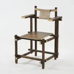 'Hoge Stoel' by Gerrit Rietveld, um 1919, Buchenenvierkanthölzer und -latten, dunkel gebeizt, Stirnseiten der Hölzer weiß gefasst, naturfarbener Leinstoff (Gerrit, sold Dec 2025