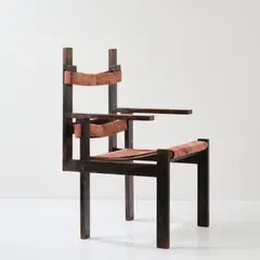 Lattenstuhl 'ti 1a', 1922-24 by Marcel Breuer, Eichenholzlatten, schwarz gebeizt, roter Textilstoff, Sisalunterfütterung (Bauhaus, Weimar), sold Dec 2025