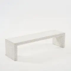Sitzbank 'Quaderna' by Superstudio, Piero Frassinelli, Alessandro Magris, Roberto Magris, Adolfo Natalini & Cristiano Toraldo di Francia, 1971, Holz, weißes Kunststofflaminat mit schwarzen Linien bedruckt (Zanotta, Nova Milanese), sold Dec 2025