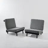 Zwei Sessel 'La Cachette' by Charlotte Perriand, um 1968, Holz, schwarz lackiert, grauer Textilbezug (Frankreich), sold Dec 2025