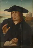 Portrait d'homme au livre dans un paysage by Christoph Amberger, Huile sur panneau, sold Feb 2022