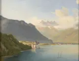 Vue du château de Chillon by Louis-Jules-Frédéric Villeneuve, Huile sur papier marouflé sur carton,, sold Feb 2022