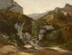 Cascade en montagne by André Giroux, Huile sur papier marouflé sur toile, sold Feb 2022