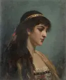 Jeune femme en buste en costume médiéval by Paul de La Boulaye, Huile sur panneau, sold Feb 2022
