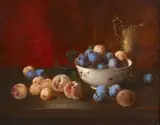 Bol de prunes et pêches sur un entablement by Antoine Vollon, Huile sur panneau, sold Feb 2022
