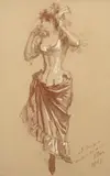 Danseuse et Jeune femme en jupon by Jules Chéret, Deux dessins à la sanguine et craie blanche sur papier bistre,, sold Feb 2022