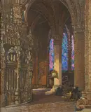 Femme priante dans la cathédrale de Chartres by Pierre Gaston Rigaud, Technique mixte sur papier, sold Feb 2022