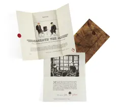 Ensemble de deux documents by Gilbert&George, Lithographie en noir reprise à l'aquarelle et typographie, pliée en 3 volets, signée, porte le tampon rouge, sold Oct 2022