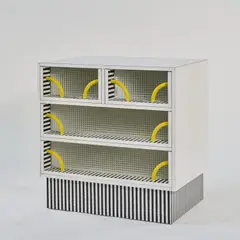 Kommode 'Atlantic' by Michele de Lucchi, 1981, Holzkastenkonstruktion mit Laminat, Sicherheitsglas und gelb lackiertes Metallrohr (Memphis, Mailand, 1980er Jahre), sold Oct 2025