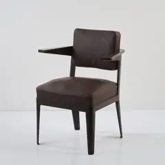 Armlehnstuhl by Jean Prouvé, 1950, Metallblech, dunkelbraun lackiert, Vinyl, dunkelbraun, hellbrauner Keder (Ateliers Jean Prouvé, Maxéville), sold Jul 2025
