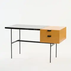 Schreibtisch 'CM 141' by Pierre Paulin, 1954, Metallrohr, Bandmetall, schwarz lackiert, Tischlerplatte mit Rüsterfurnier, Schichtholz, schwarz laminiert, Metallblech,, sold Jul 2025
