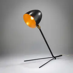 Tischleuchte 'Cocotte' by Serge Mouille, 1957, Messingstäbe, Messingrohr, schwarz lackiert, Messing, Aluminiumblech, schwarz und weiß lackiert (Steph Simon, Paris), sold Jul 2025