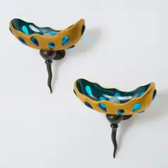 Zwei Wandappliquen 'Lacrima' by André Dubreuil, 1991, Bronze, patiniert, Glas, vergoldet und türkisblau (Cristallerie Daum, Paris), sold Jul 2025