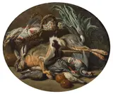 Composition au lièvre, oiseaux et panier de fruits et Composition aux poissons et aux légumes by dit Giacomo da Caste Jacob van der Kerckhoven, Still life with game and fruits and Still life with fishes and vegetables, oil on canvas, a pair, by J. van der Kerckhov, sold Mar 2022