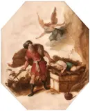 Le sacrifice d'Isaac by Frans Francken Ii., Huile sur albâtre, de forme octogonale, sold Mar 2022