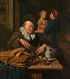 Le joueur de vielle assoupi by Willem van Mieris, Huile sur panneau de chêne, parqueté, sold Mar 2022