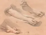 Bras tenant un tissu et deux pieds croisés, étude pour 'La Lumière du monde' by François Boucher, Trois crayons et estompe sur papier brun clair, trait d'encadrement à la plume et encre noire, sold Mar 2022