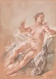 Vénus assise, tenant une flèche et respirant une rose by François Boucher, Trois crayons et pastel, sur papier brun clair, sold Mar 2022