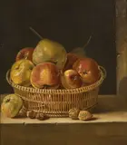 Corbeille de fruits, noix, noisettes et amande sur un entablement by Dominique Pergaut, Huile sur papier marouflé sur toile, sold Mar 2022