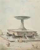Lavandières près d'une fontaine à la vasque antique et aux lions by Hubert Robert, Aquarelle sur trait de plume et encre noire, sur papier vergé, sold Mar 2022