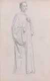 Homme debout, étude présumée pour l'un des moines de 'Saint Louis rapportant la couronne d'épines à Paris', et une étude d'architecture by William-Adolphe Bouguereau, Crayon noir et rehauts de craie blanche sur papier gris, sold Mar 2022