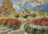 Pigeonnier dans un massif de fleurs by Victor Charreton, Huile sur carton, sold Mar 2022