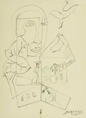 Composition à l'oiseau by Léopold Survage, 1958, Feutre sur papier, sold Mar 2022