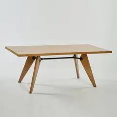 Tisch 'SAM 502' by Jean Prouvé, 1947, Eichenholz, Tischlerplatte mit Eichenfurnier, Metallrohr und Metallblech, schwarz lackiert (Ateliers Jean Prouvé, Nancy,, sold Dec 2024