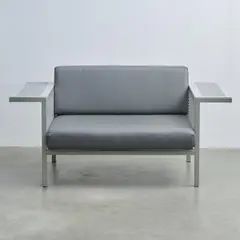 Prototyp Sessel 'Wing Seat' by Jörg Schellmann, 2008, Stahlrohr, Aluminium-Lochblech, steingrau lackiert (RAL 7030), Polster, graues Leder (Schellmann Furniture, München), sold Dec 2024