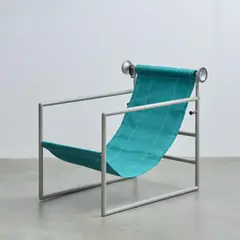 Unikat Prototyp Liegestuhl 'Sinus' by Jörg Schellmann, 2008, Stahlrohr, grau lackiert, grüner Stoff in der Länge verstellbar (Schellmann Furniture, München), sold Dec 2024