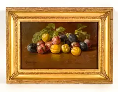 Plums by Edward Chalmers Leavitt, Oil on canvas, still life, sold Sep 2022