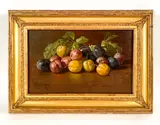 Plums by Edward Chalmers Leavitt, Oil on canvas, still life, sold Sep 2022
