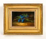 Plums by George Forster, Small still life oil on canvas with branch, offered Sep 2022