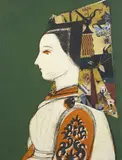 Profil by Manolo Valdés, 2008, Eau-forte, aquatinte, pointe-sèche et collages de reproduction d'œuvres de Maîtres (Joan Miro) , sur le col et la coiffe, sold May 2022
