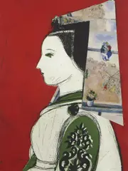 Profil by Manolo Valdés, 2008, Eau-forte, aquatinte, pointe-sèche et collages de reproduction d'œuvres de Maîtres (Marc Chagall), sur le col et la coif, sold May 2022
