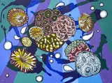 Coral Sphere by Janet Cooling, 2015, collage, acrylic on panel, sold Sep 2025
