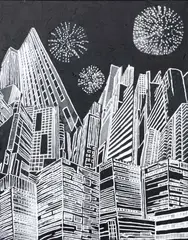 Untitled (Cityscape with Fireworks) by Janet Cooling, 2021, mixed media on canvas, sold Sep 2025